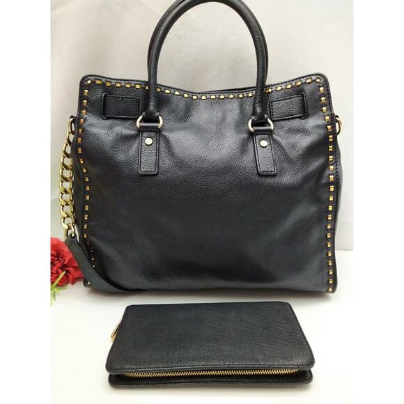 Michael Kors Hamilton Black Leather Satchel Shoulder Bag w/ Matching Wallet - Picture 2 of 13